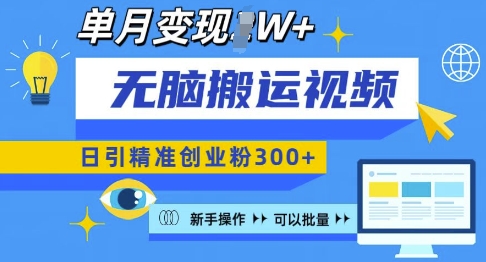 无脑搬运视频号可批量复制，新手即可操作，日引精准创业粉300+，月变现过W 【揭秘】-资源社