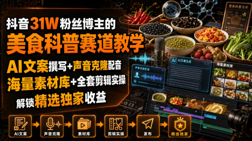 抖音31W粉丝博主的美食科普赛道教学，AI文案撰写+声音克隆配音+剪辑实操，解锁精选独家收益-资源社