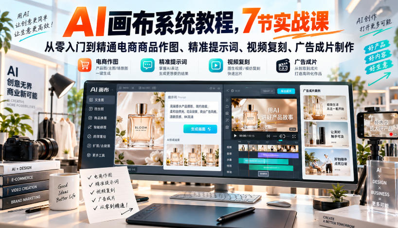 AI画布系统教程，7节实战课从零入门到精通电商商品作图、精准提示词、视频复刻、广告成片制作-资源社
