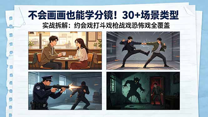 不会画画也能学分镜！30+场景类型实战拆解：约会戏打斗戏枪战戏恐怖戏全覆盖-资源社
