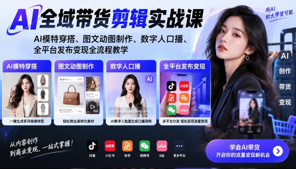 AI全域带货剪辑实战课|AI模特穿搭、图文动图制作、数字人口播、全平台发布变现全流程教学-资源社
