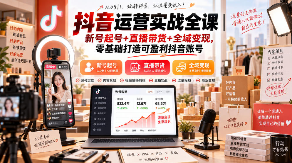 抖音运营实战全课|新号起号+直播带货+全域变现,零基础打造可盈利抖音账号-资源社