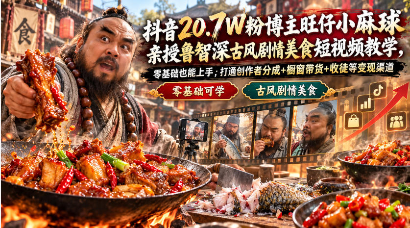 抖音20.7W粉博主旺仔小麻球亲授鲁智深古风剧情美食短视频教学,零基础也能上手,打通创作者分成+橱窗带货+收徒等变现渠道-资源社