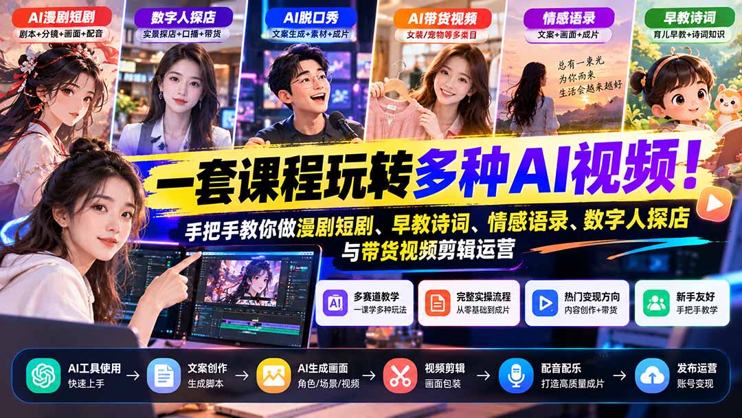 【无水印】一套课程玩转多种AI视频!手把手教你做漫剧短剧、早教诗词、情感语录、数字人探店与带货视频剪辑运营-资源社