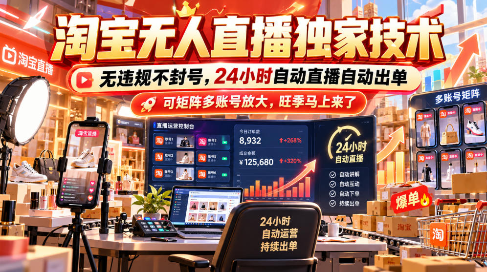 淘宝无人直播独家技术，无违规不封号，24小时自动直播自动出单，可矩阵多账号放大，旺季马上来了【揭秘】-资源社