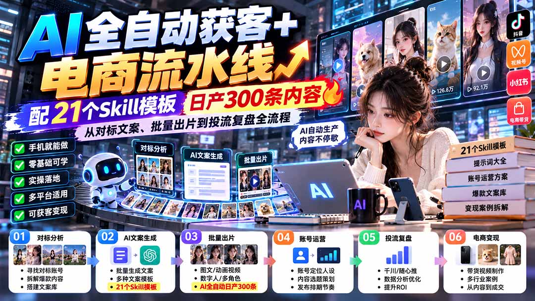【无水印】AI全自动获客+电商流水线:配21个Skill模板,日产300条内容,从对标文案、批量出片到投流复盘全流程-资源社