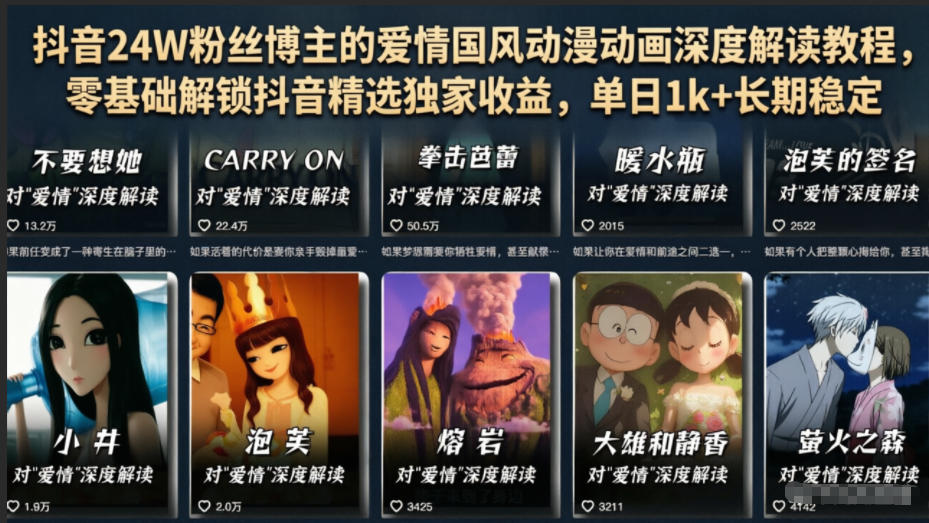 抖音24W粉丝博主的爱情国风动漫动画深度解读教程,零基础解锁抖音精选独家收益,单日1k+长期稳定-资源社