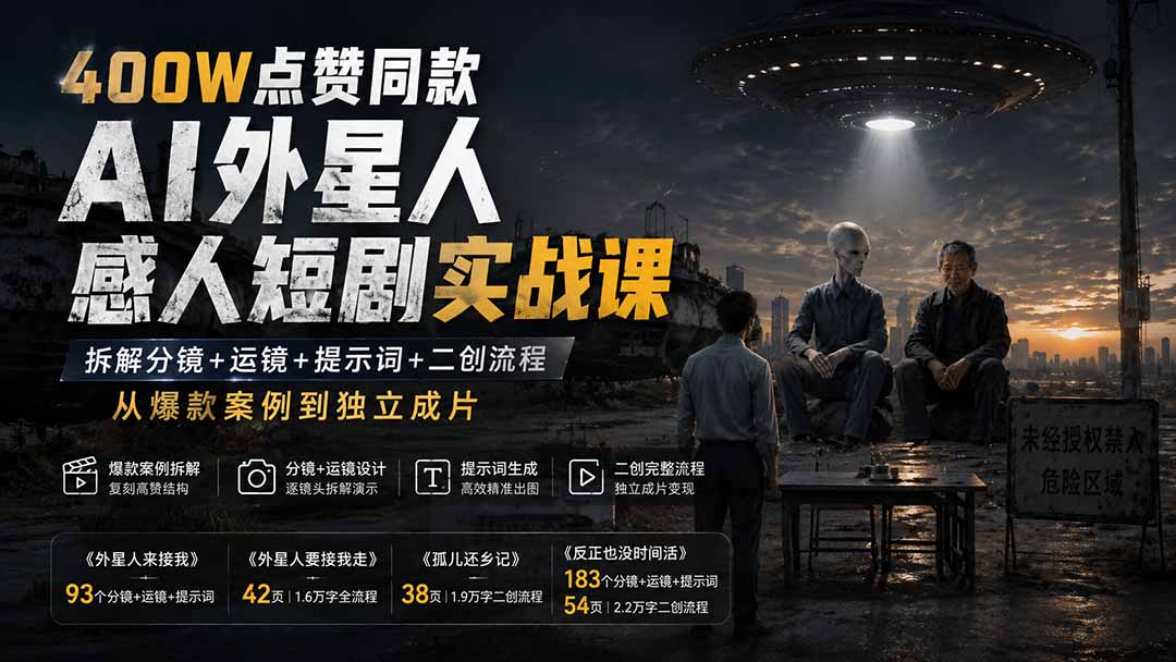 400W点赞同款AI外星人感人短剧实战课:拆解分镜+运镜+提示词+二创流程,从爆款案例到独立成片-资源社