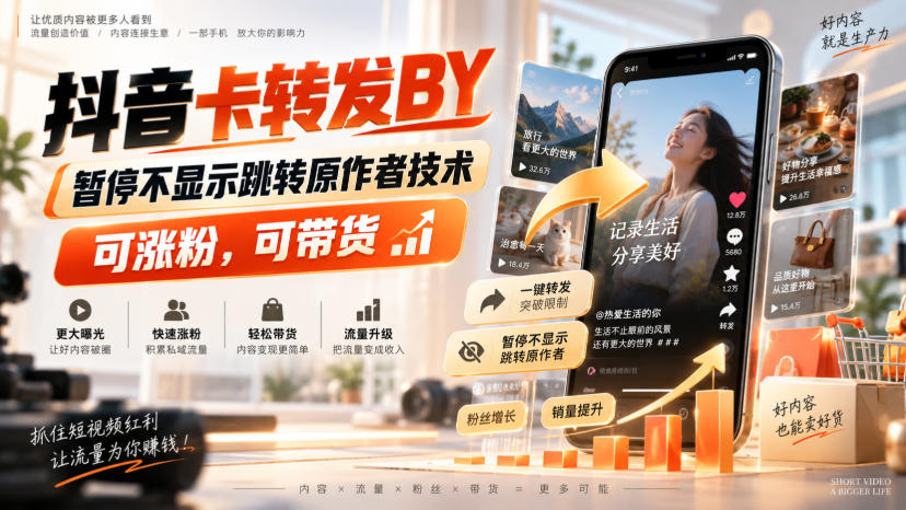 抖音卡转发搬运,暂停不显示跳转原作者技术,可涨粉,可带货-资源社