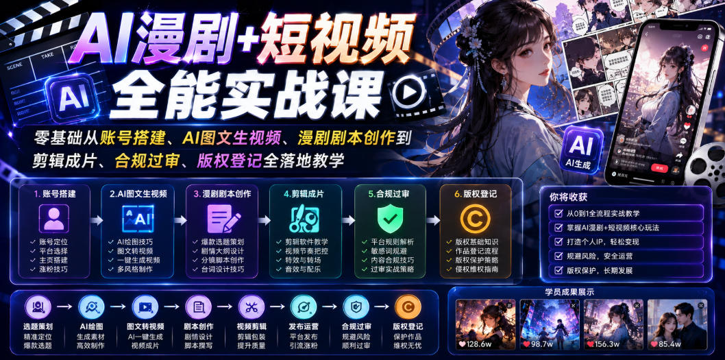 AI漫剧+短视频全能实战课｜零基础从账号搭建、AI图文生视频、漫剧剧本创作到剪辑成片、合规过审、版权登记全落地教学-资源社