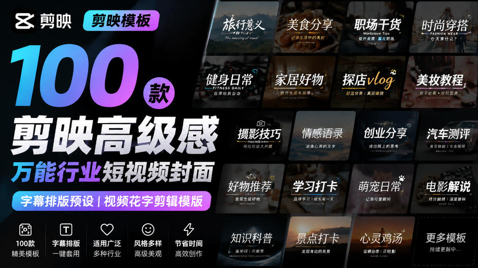 【剪映模板】100款剪映高级感万能行业短视频封面字幕排版预设视频花字剪辑模版-资源社
