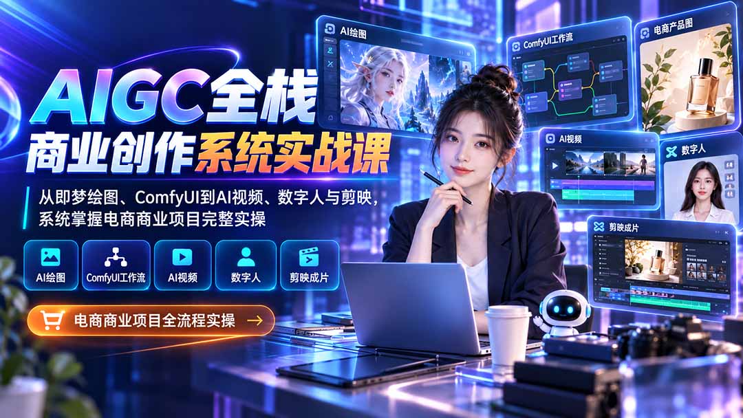 AIGC全栈商业创作系统实战课-更新1017:从即梦绘图、ComfyUI到AI视频、数字人与剪映,系统掌握电商商业项目完整实操-资源社