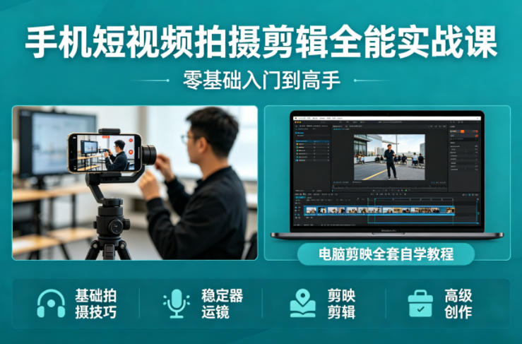 手机短视频拍摄剪辑全能实战课：零基础入门到高手，稳定器运镜+电脑剪映全套自学教程-资源社