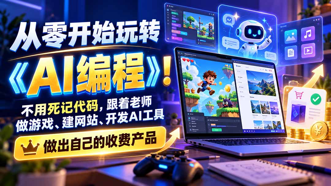 从零开始玩转《AI编程》！不用死记代码，跟着老师做游戏、建网站、开发AI工具，最后完成自己的收费产品-资源社