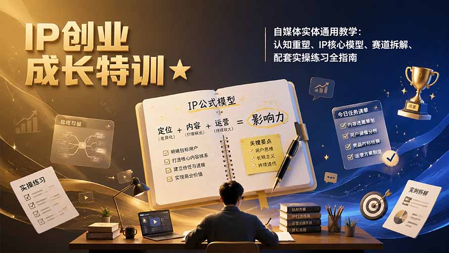 IP创业成长特训★自媒体实体通用教学：认知重塑、IP核心模型、赛道拆解、配套实操练习全指南-资源社