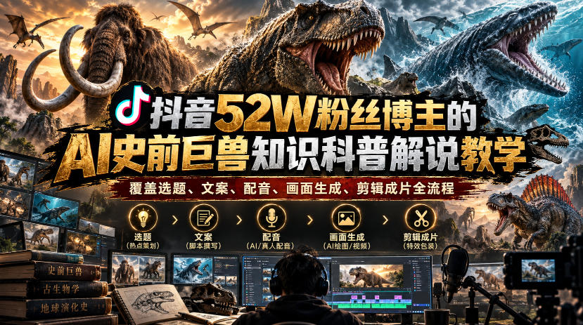 抖音52W粉丝博主的AI史前巨兽知识科普解说教学,覆盖选题、文案、配音、画面生成、剪辑成片全流程-资源社