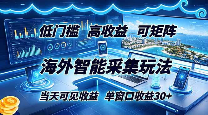 海外智能采集玩法,低门槛高单价可矩阵,当天可见收益,单窗口30+-资源社