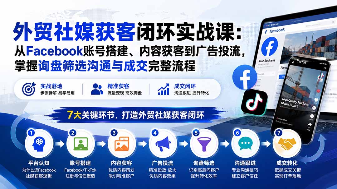 外贸社媒获客闭环实战课：从Facebook账号搭建、内容获客到广告投流，掌握询盘筛选沟通与成交完整流程-资源社