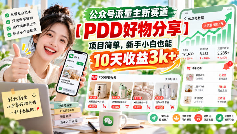 公众号流量主新赛道【PDD好物分享】，项目简单，新手小白也能10天收益3k+-资源社