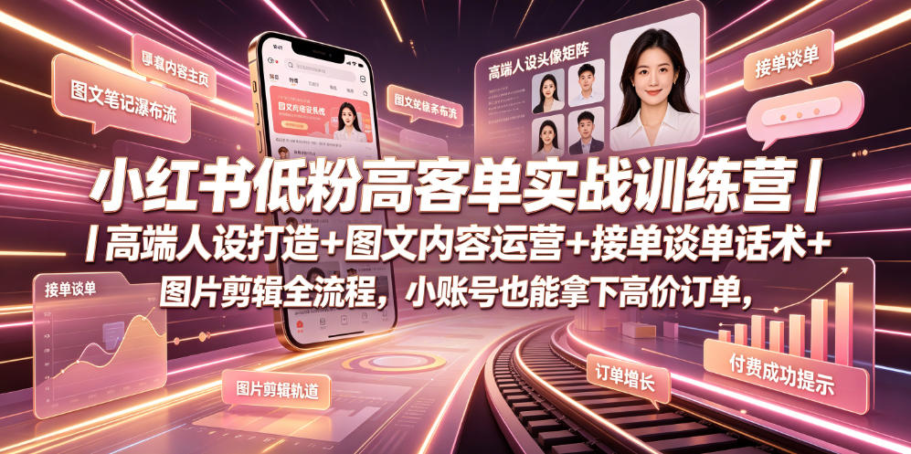 小红书低粉高客单实战训练营｜高端人设打造+图文内容运营+接单谈单话术+图片剪辑全流程，小账号也能拿下高价订单-资源社