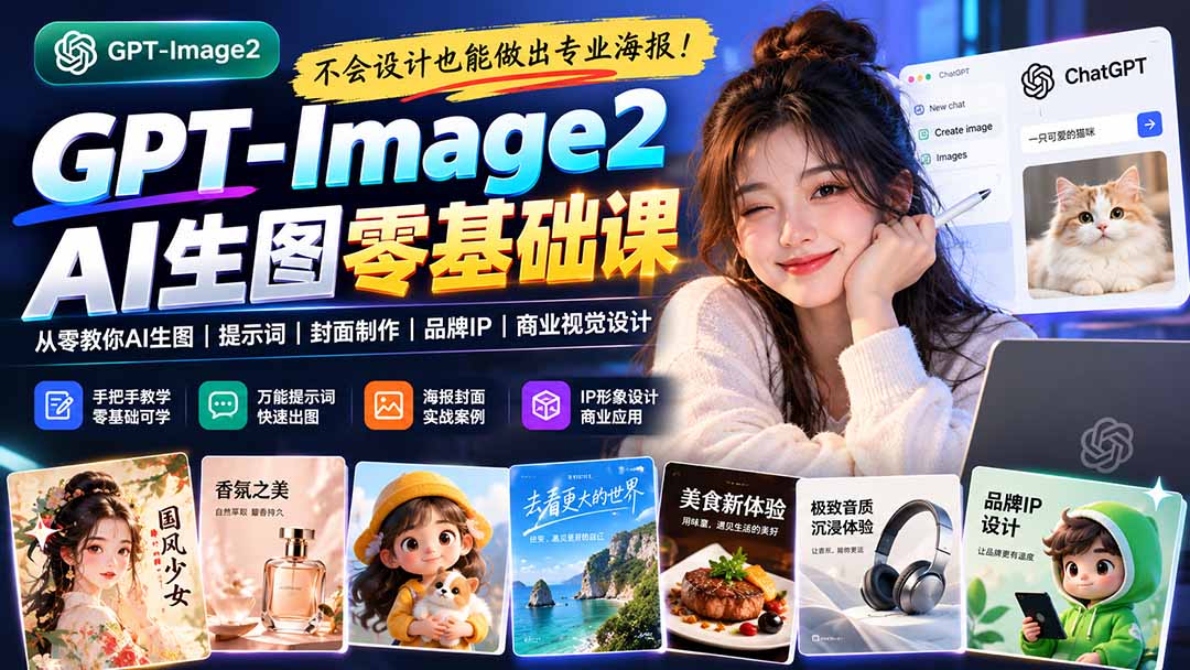 不会设计也能做出专业海报!GPT-Image2从零教你AI生图、提示词、封面制作、品牌IP与商业视觉设计-资源社
