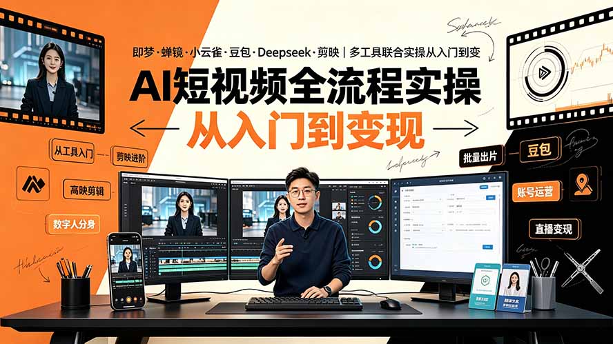 AI短视频全流程实操:即梦·蝉镜·小云雀·豆包·Deepseek·剪映|多工具联合实操从入门到变现-资源社