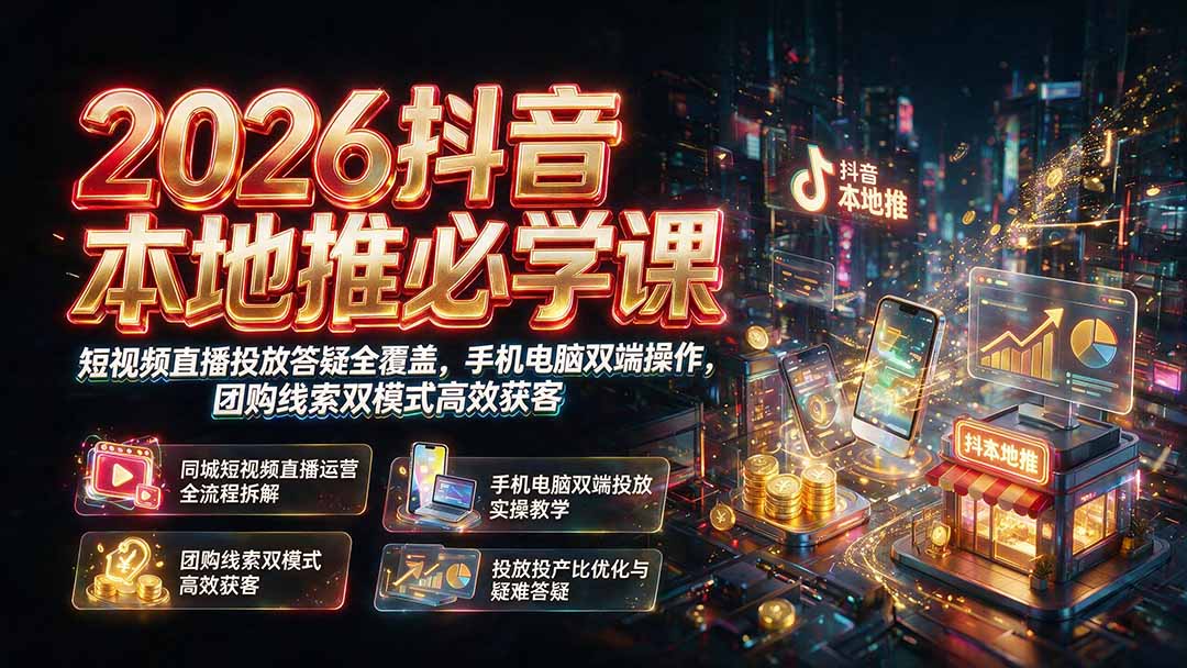 2026抖音本地推必学课|短视频直播投放答疑全覆盖,手机电脑双端操作,团购线索双模式高效获客-资源社