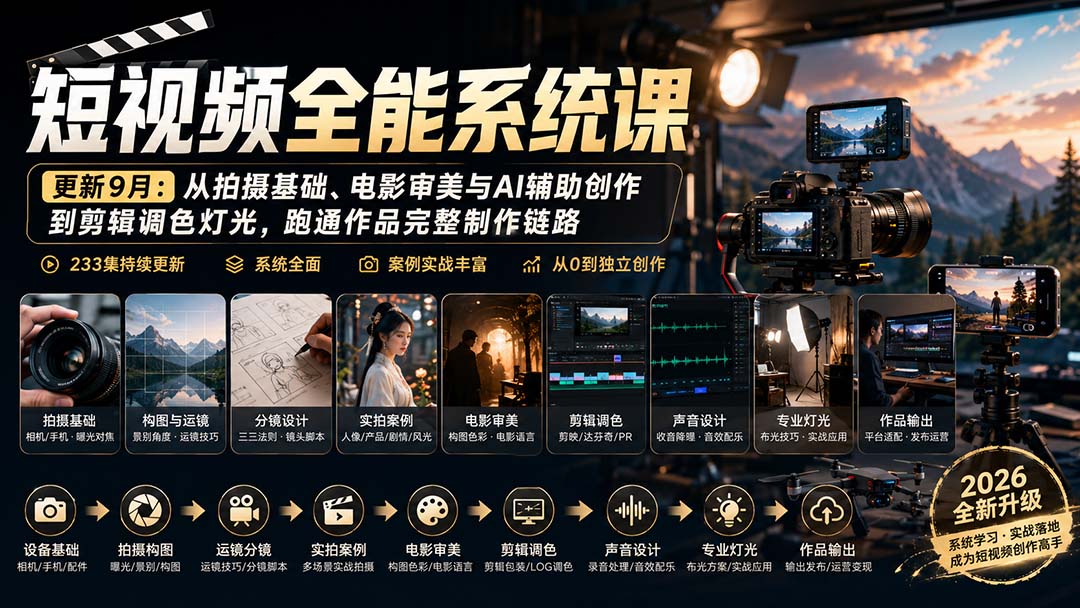 短视频全能系统课-更新8月233集：从拍摄基础、电影审美与AI辅助创作到剪辑调色灯光，跑通作品完整制作链路-资源社