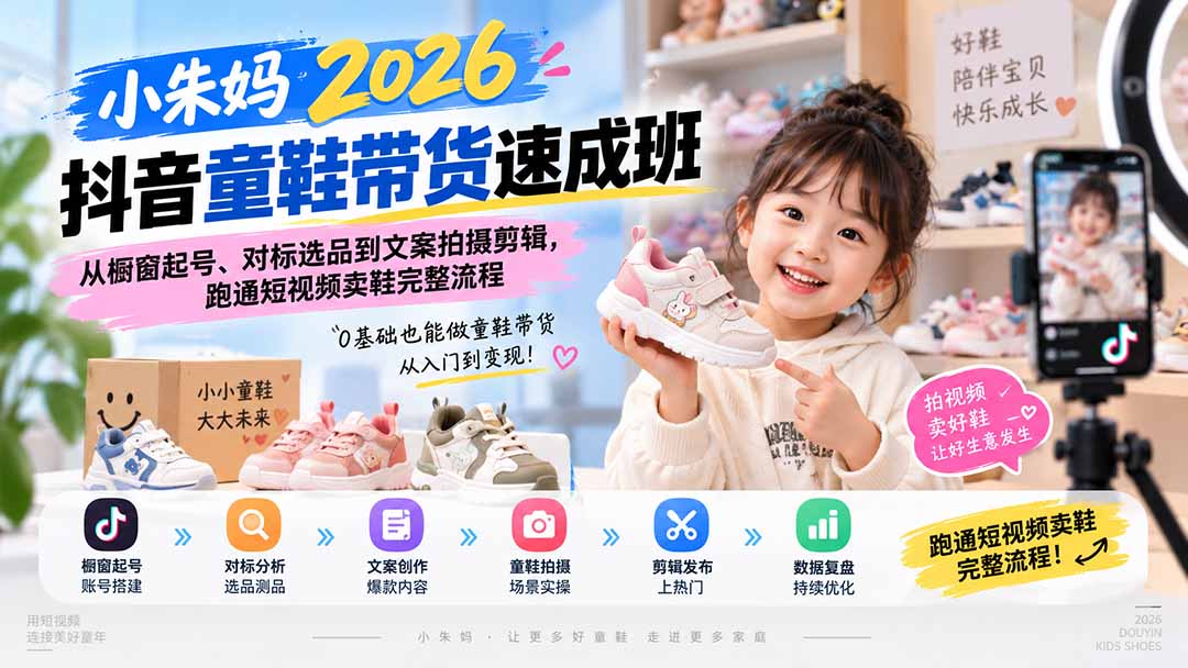 小朱妈2026抖音童鞋带货速成班：从橱窗起号、对标选品到文案拍摄剪辑，跑通短视频卖鞋完整流程-资源社