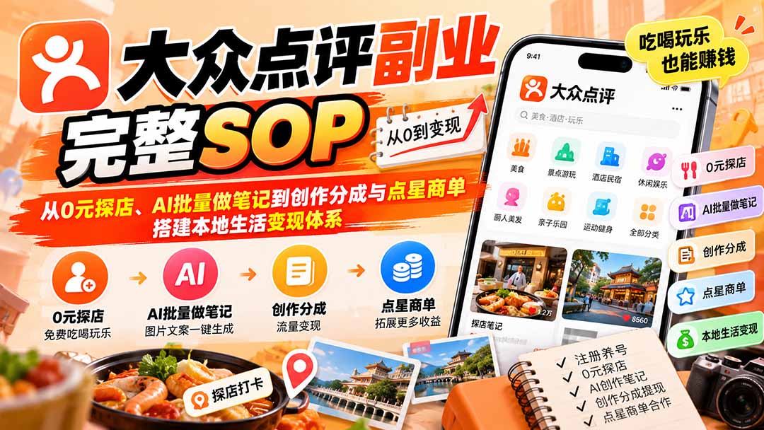 【无水印】大众点评副业完整SOP:从0元探店、AI批量做笔记到创作分成与点星商单,搭建本地生活变现体系-资源社