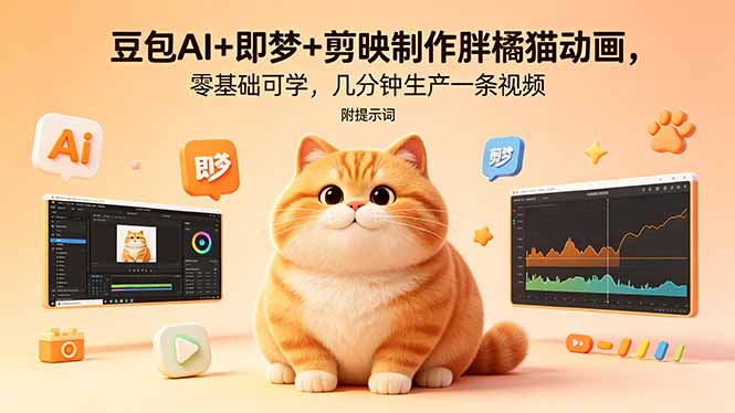 豆包AI+即梦+剪映制作胖橘猫动画，零基础可学，几分钟生产一条视频，附提示词-资源社