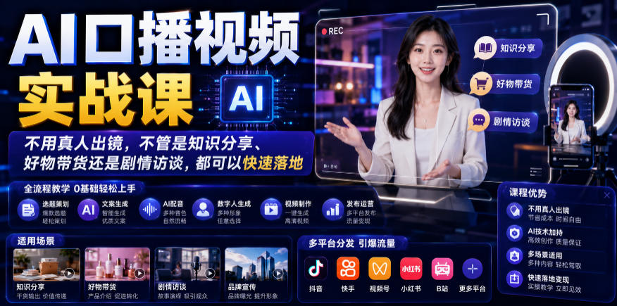 AI口播视频实战课，不用真人出镜，不管是知识分享、好物带货还是剧情访谈，都可以快速落地-资源社