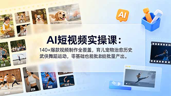AI短视频实操课：140+爆款视频制作全覆盖，育儿宠物治愈历史武侠舞蹈运动，零基础也能批量产出-资源社