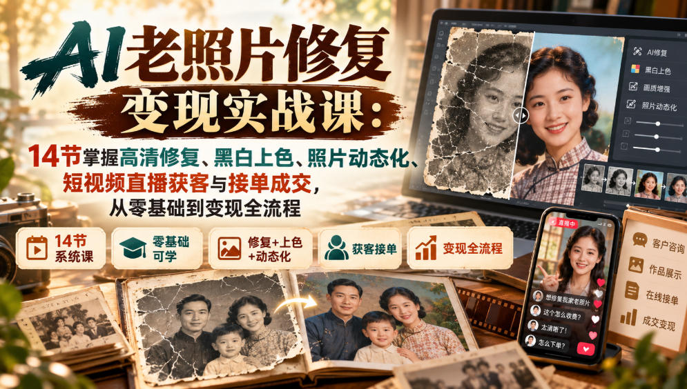 AI老照片修复变现实战课：14节掌握高清修复、黑白上色、照片动态化、短视频直播获客与接单成交，从零基础到变现全流程-资源社