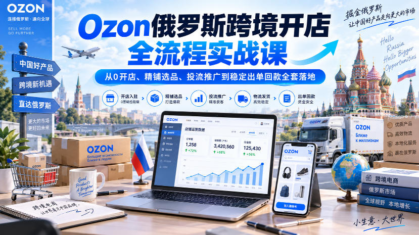 Ozon俄罗斯跨境开店全流程实战课|从0开店、精铺选品、投流推广到稳定出单回款全套落地-资源社