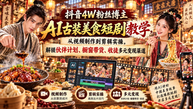 抖音4W粉丝博主AI古装美食短剧教学,从视频制作到剪辑实操,解锁伙伴计划、橱窗带货、收徒多元变现渠道-资源社