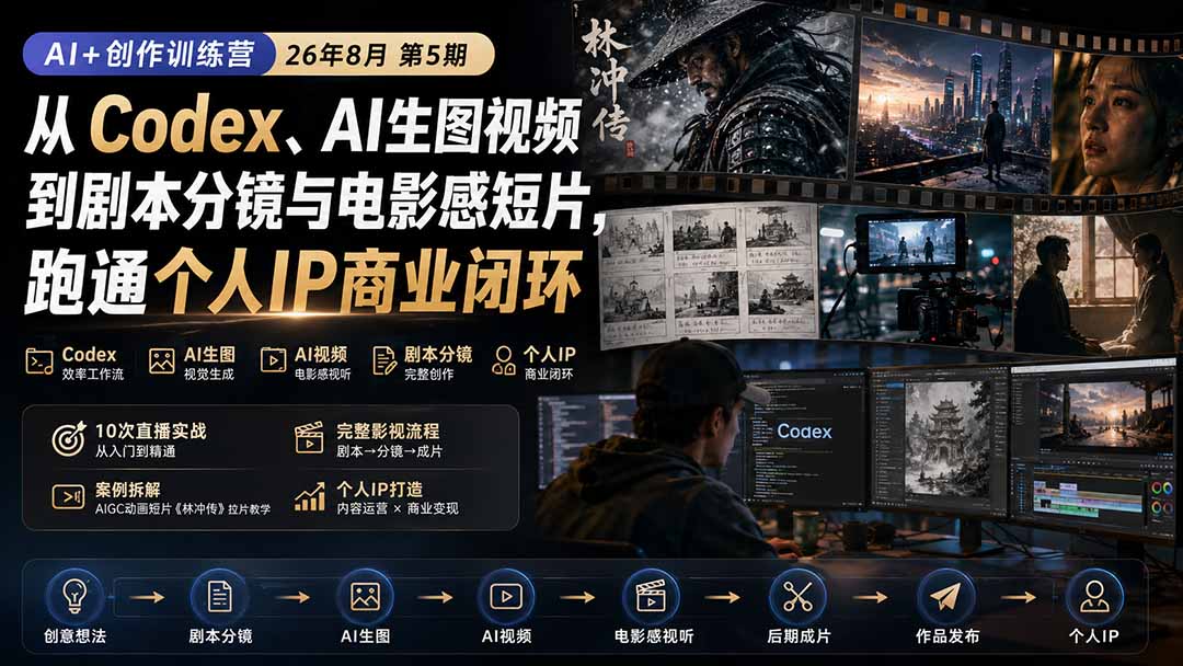 AI+创作训练营26年8月第5期：从Codex、AI生图视频到剧本分镜与电影感短片，跑通个人IP商业闭环-资源社