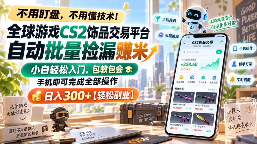 全球游戏CS2饰品交易平台自动批量捡漏赚米,小白轻松入门,包教包会,手机即可完成全部操作,日入300+【轻松副业】-资源社