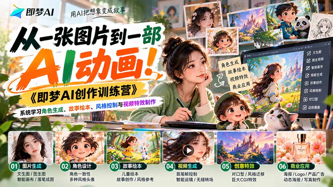 【无水印】从一张图片到一部AI动画!《即梦AI创作训练营》系统学习角色生成、故事绘本、风格控制与视频特效制作-资源社