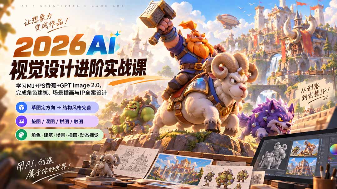 2026AI视觉设计进阶实战课-更新:学习MJ+PS香蕉+GPT Image 2.0,完成角色建筑、场景插画与IP全案设计-资源社