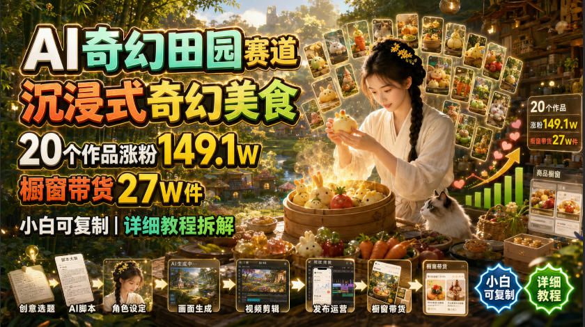 AI奇幻田园赛道,沉浸式奇幻美食,20个作品涨粉149.1W,橱窗带货27W件,小白可复制,详细教程拆解-资源社