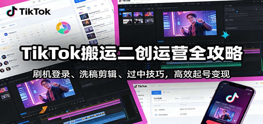 TikTok搬运二创运营全攻略：刷机登录、洗稿剪辑 、过中技巧，高效起号变现-资源社