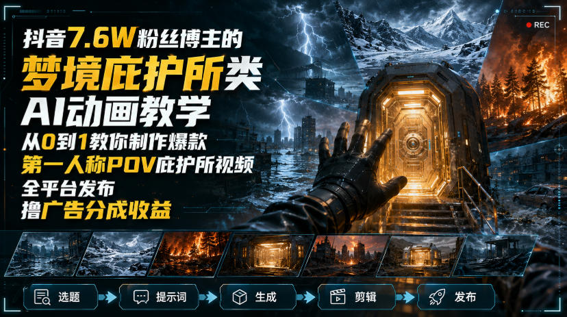 抖音7.6W粉丝博主的梦境庇护所类AI动画教学，从0到1教你制作爆款第一人称POV庇护所视频，全平台发布撸广告分成收益-资源社