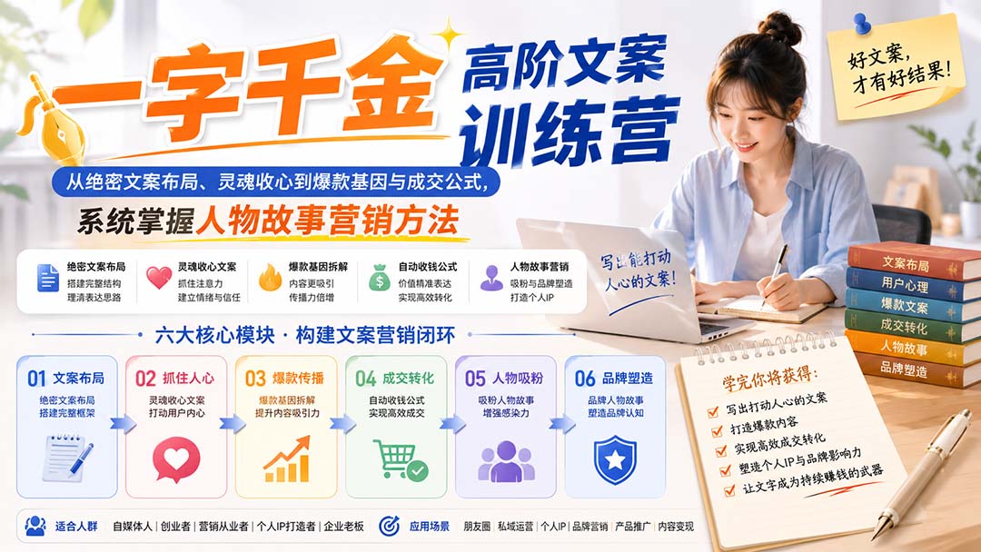 一字千金高阶文案训练营:从绝密文案布局、灵魂收心到爆款基因与成交公式,系统掌握人物故事营销方法-资源社