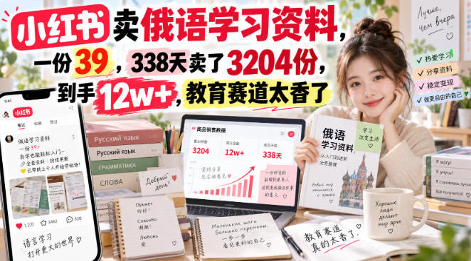 小红书卖俄语学习资料，一份39，338天卖了3204份，到手12w+，教育赛道太香了-资源社