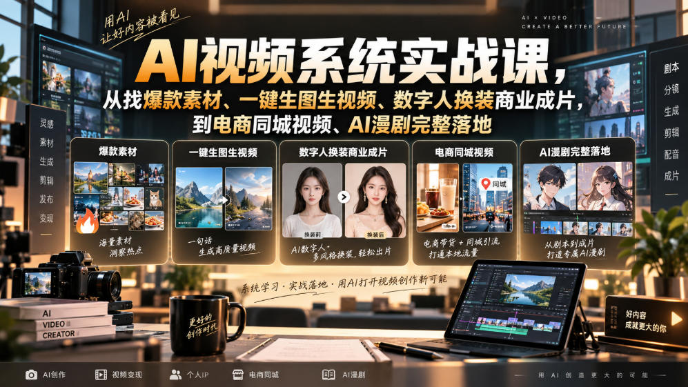 AI视频系统实战课，从找爆款素材、一键生图生视频、数字人换装商业成片，到电商同城视频、AI漫剧完整落地-资源社