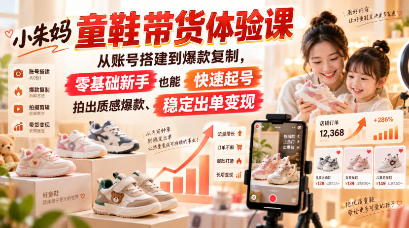 小朱妈童鞋带货体验课，从账号搭建到爆款复制，零基础新手也能快速起号、拍出质感爆款、稳定出单变现-资源社