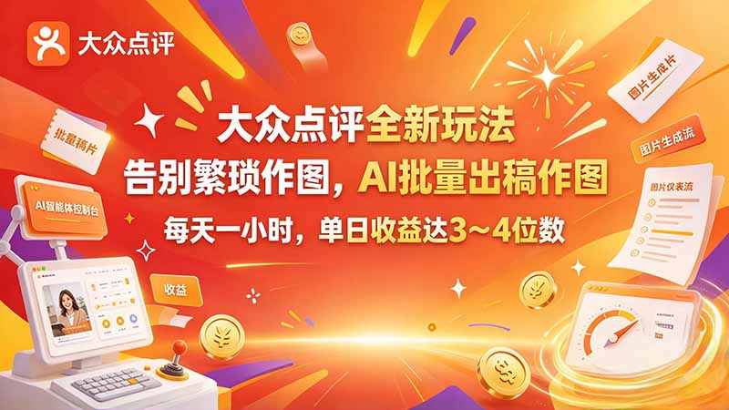 大众点评全新玩法,不用繁琐作图,AI 批量出稿作图,每天一小时,单日收益达 3~4 位数-资源社