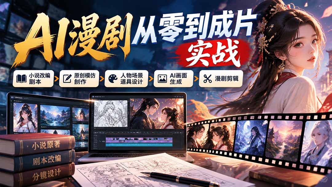 AI漫剧从零到成片实战:小说改编剧本、原创模仿创作、人物场景道具设计、AI画面生成与漫剧剪辑-资源社