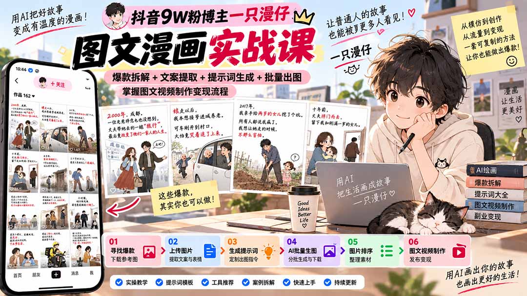 抖音9W粉博主一只漫仔图文漫画课:爆款拆解+文案提取+提示词生成+批量出图,掌握图文视频制作变现流程-资源社
